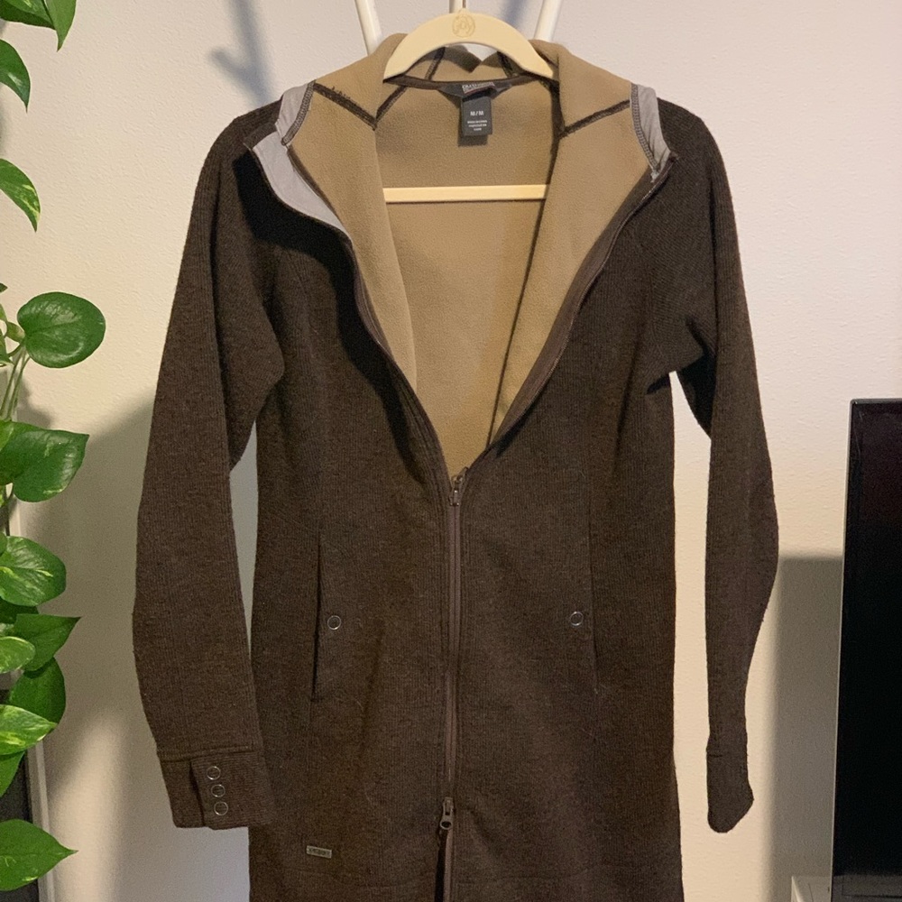 Brown women’s thigh length jacket Sz Med Outdoor Research